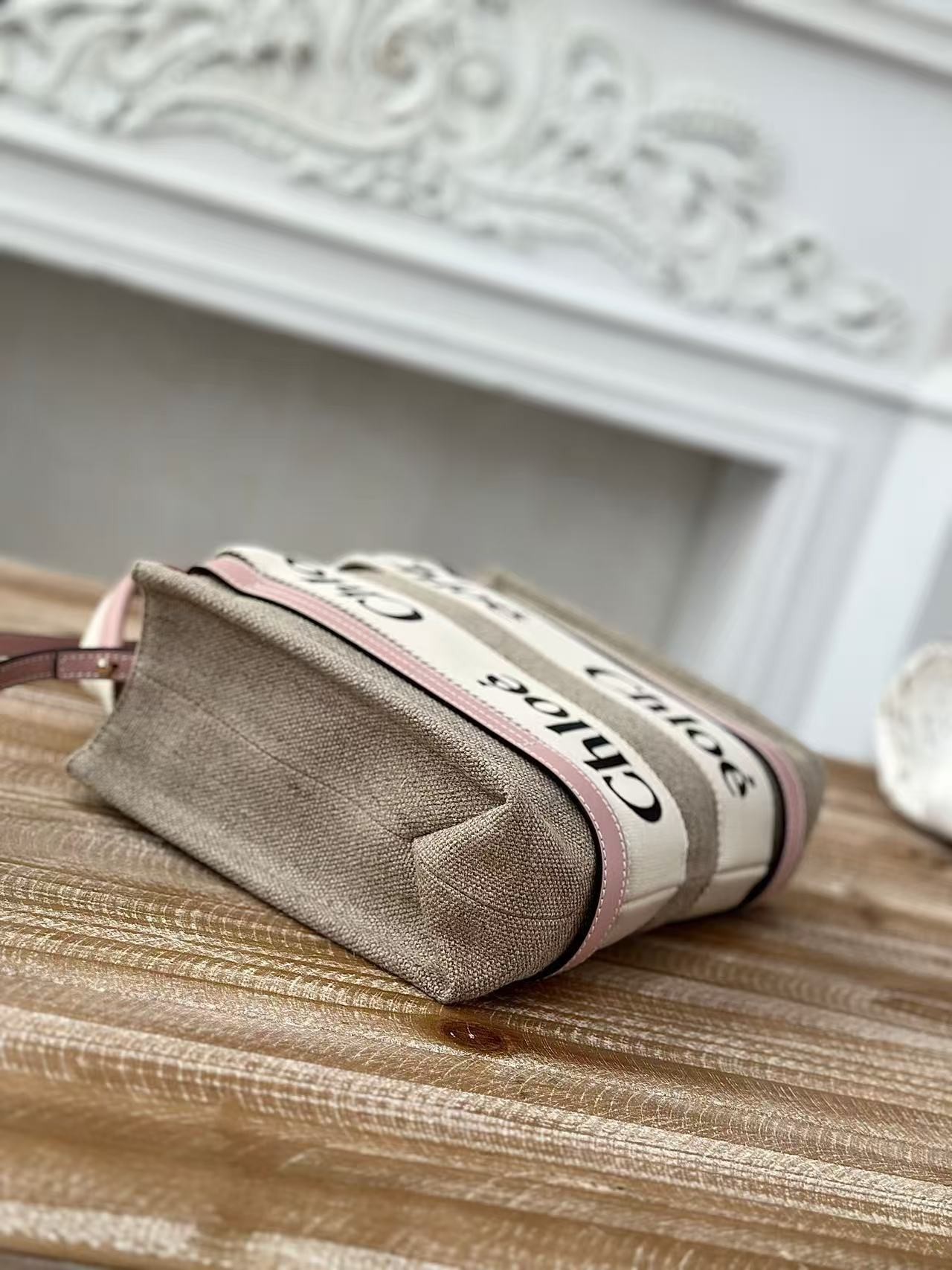 「#3660」Chloe Woody linen pure cotton canvas and glossy crust, pink casual bag Small: 26.5*20*8cm