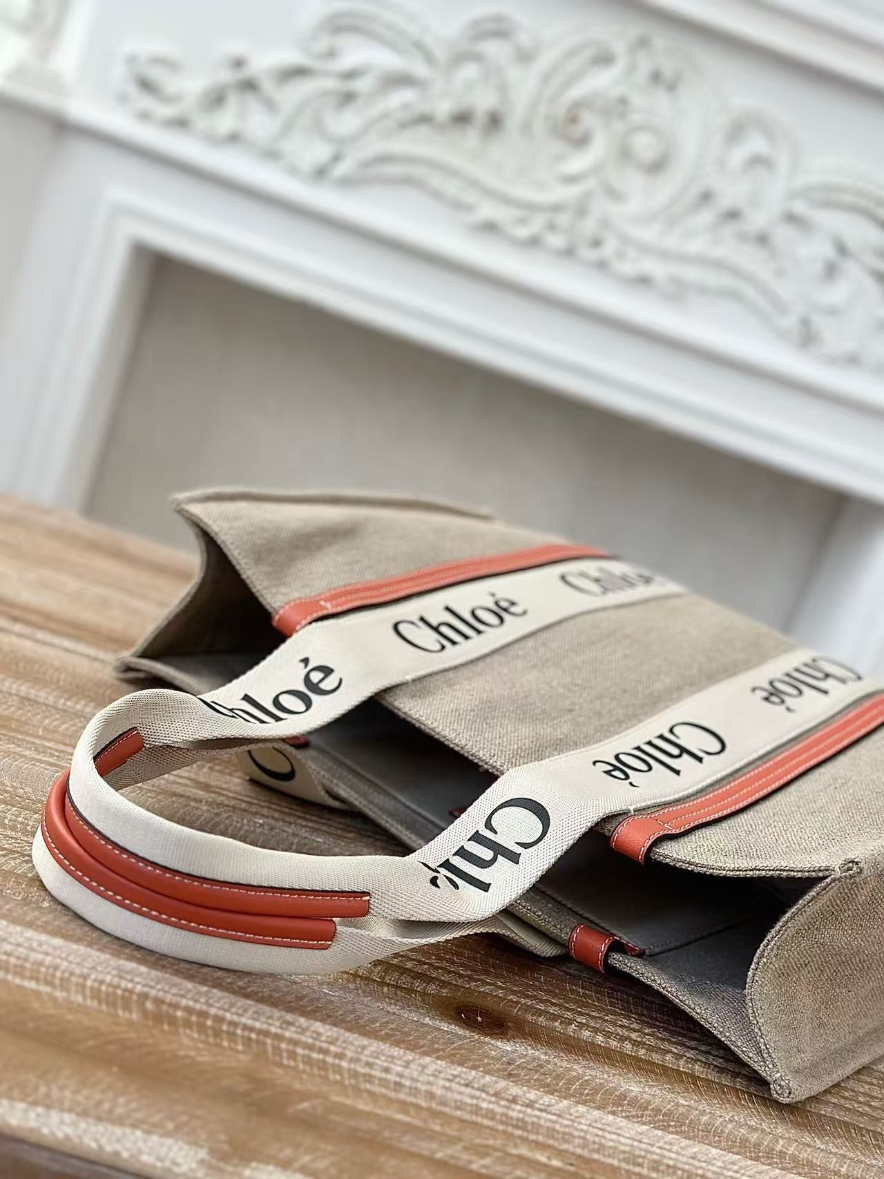 「#3666」Chloe Woody linen pure cotton canvas and glossy small dough, orange casual bag Large size: 45*33*13c