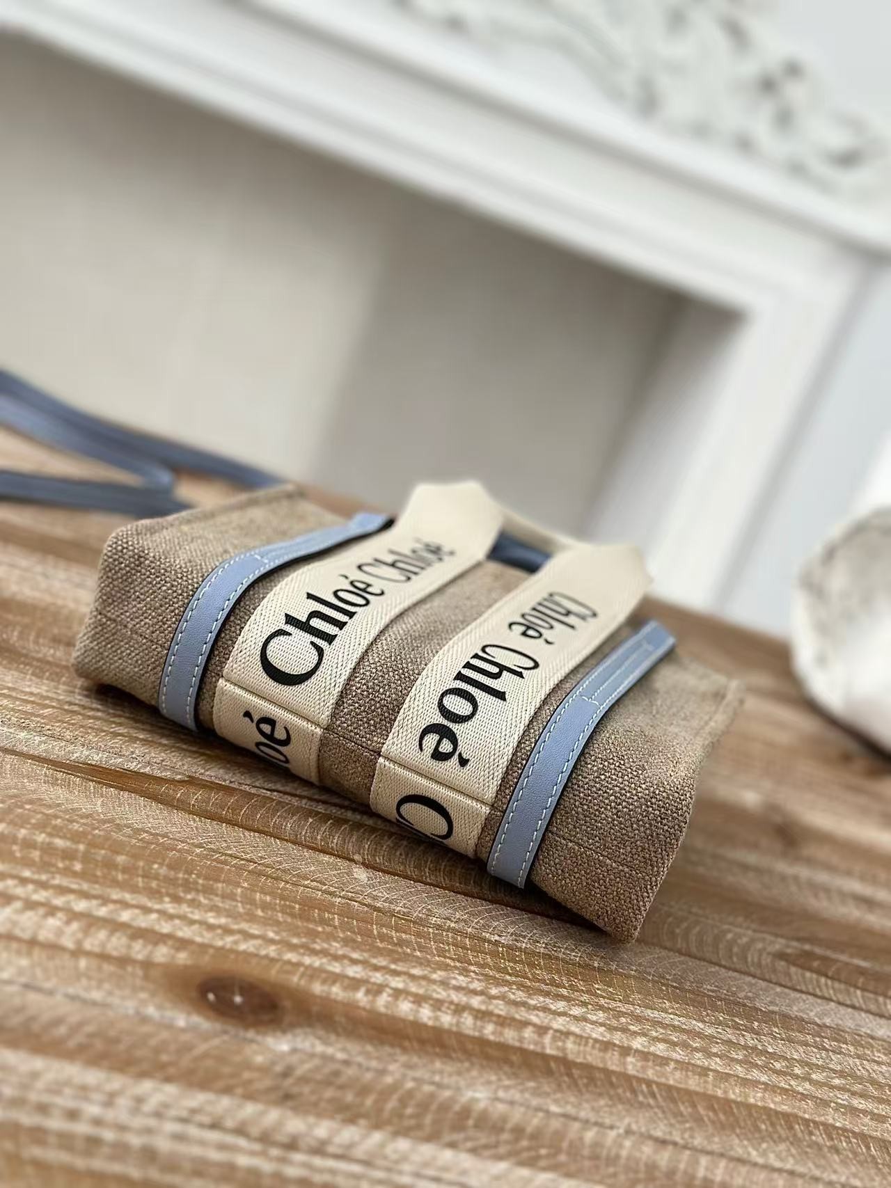 「#3667」 Chloe Woody linen pure cotton canvas and glossy small dough, blue casual bag mini: 20*14*6cm