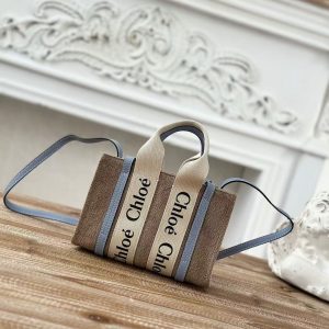 「#3667」 Chloe Woody linen pure cotton canvas and glossy small dough, blue casual bag mini: 20*14*6cm