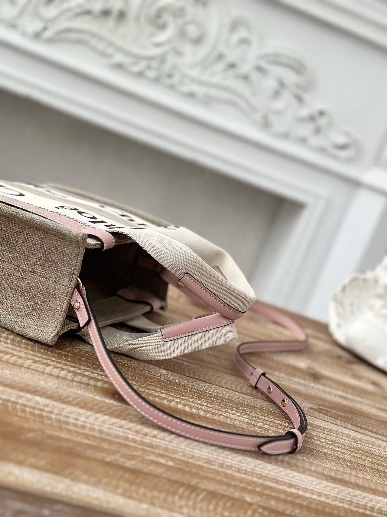 「#3660」Chloe Woody linen pure cotton canvas and glossy crust, pink casual bag Small: 26.5*20*8cm