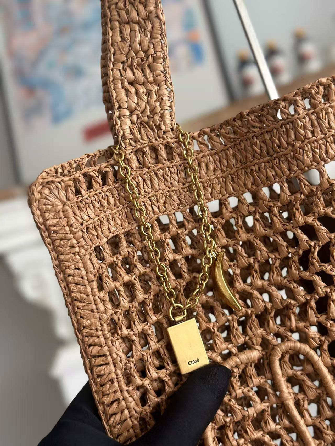 「#3655」chloe spring and summer new SUMMER BANANA dopamine color brown pure handmade straw woven bag Size: 3