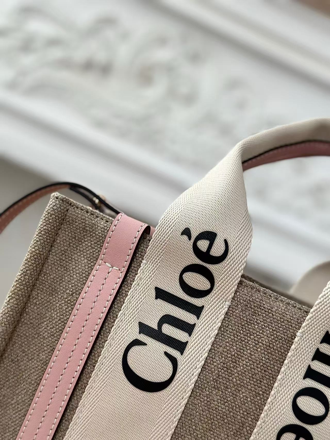 「#3660」Chloe Woody linen pure cotton canvas and glossy crust, pink casual bag Small: 26.5*20*8cm
