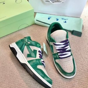 「#3254」Off-White Arrow stitching green brushed leather distressed sneakers