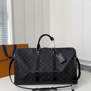 「#3586」New KEEPALL BANDOULIÈRE 50 black check travel bag N14202