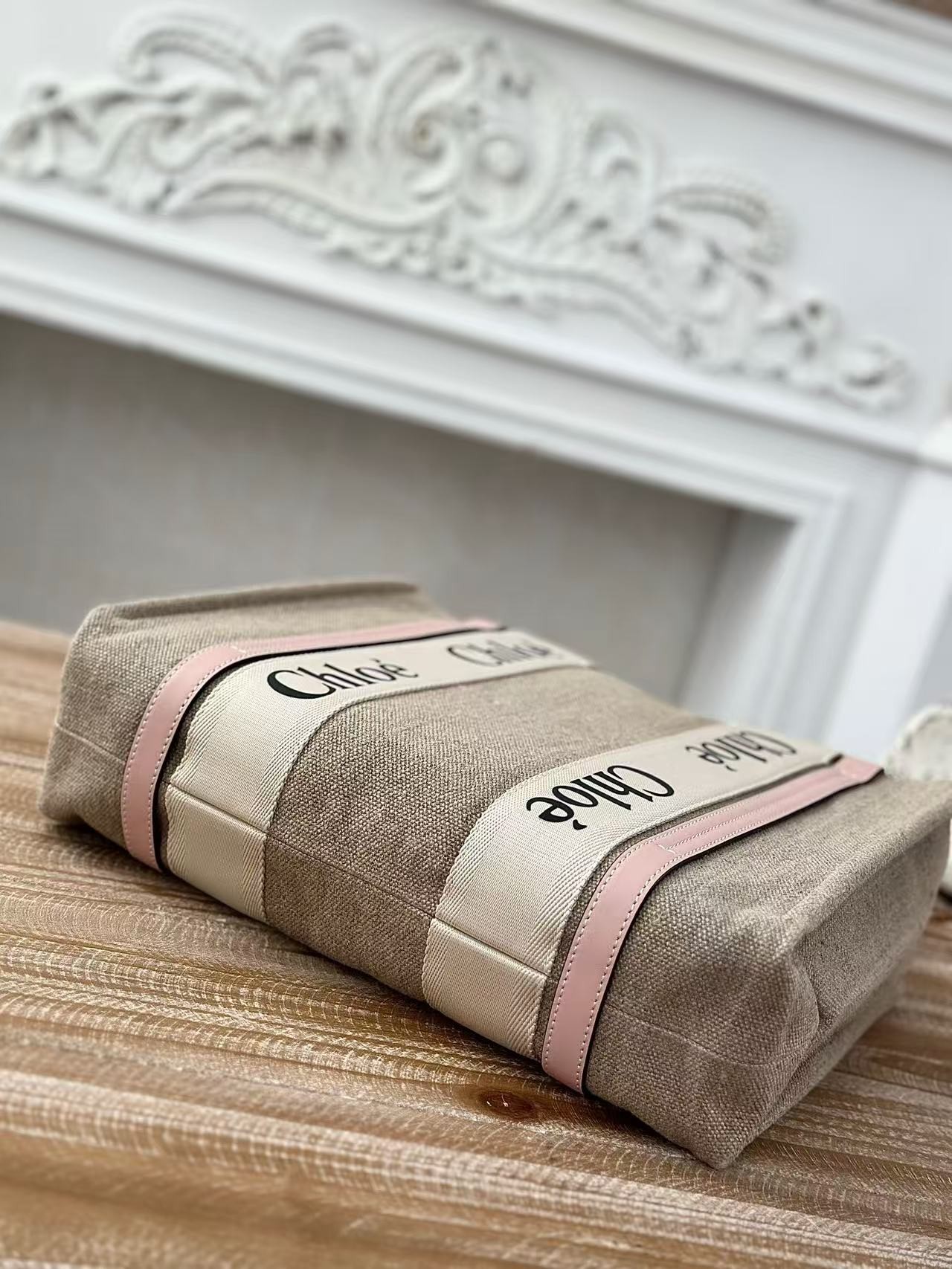 「#3661」Chloe Woody linen pure cotton canvas and glossy small dough, pink casual bag Medium size: 37*26*12cm