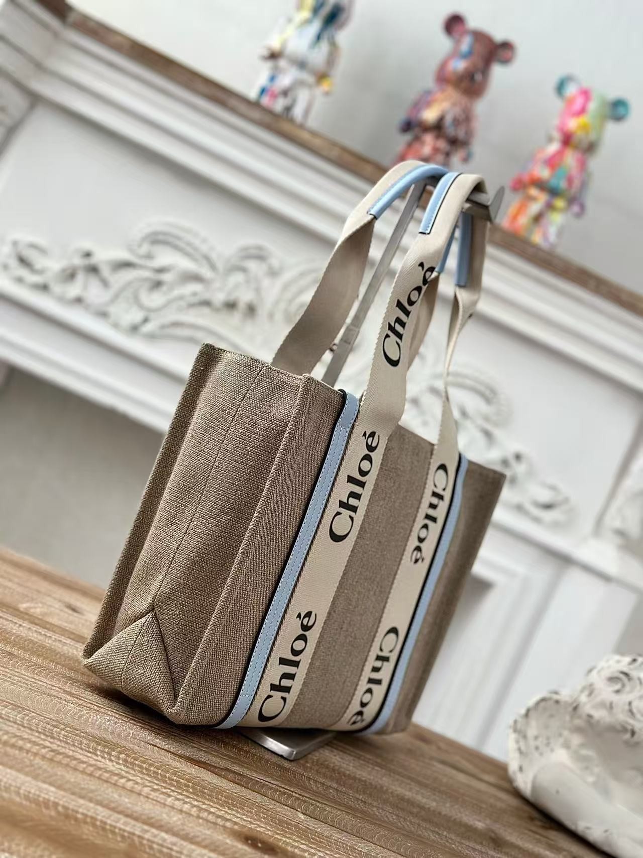 「#3669」Chloe Woody linen pure cotton canvas and glossy small dough, blue casual bag Medium size: 37*26*12cm