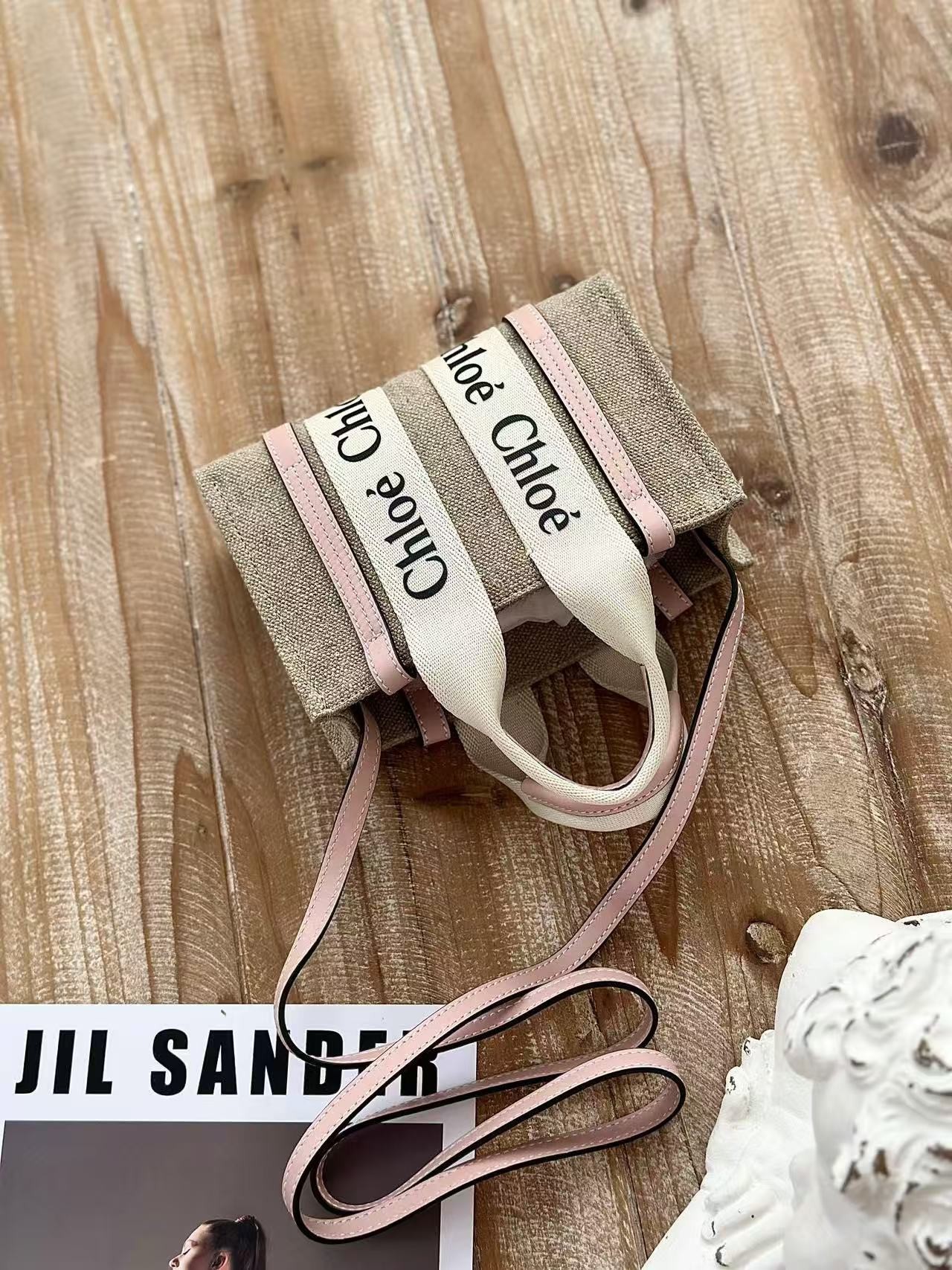 「#3659」Chloe Woody linen pure cotton canvas and glossy small dough, pink casual bag mini: 20*14*6cm