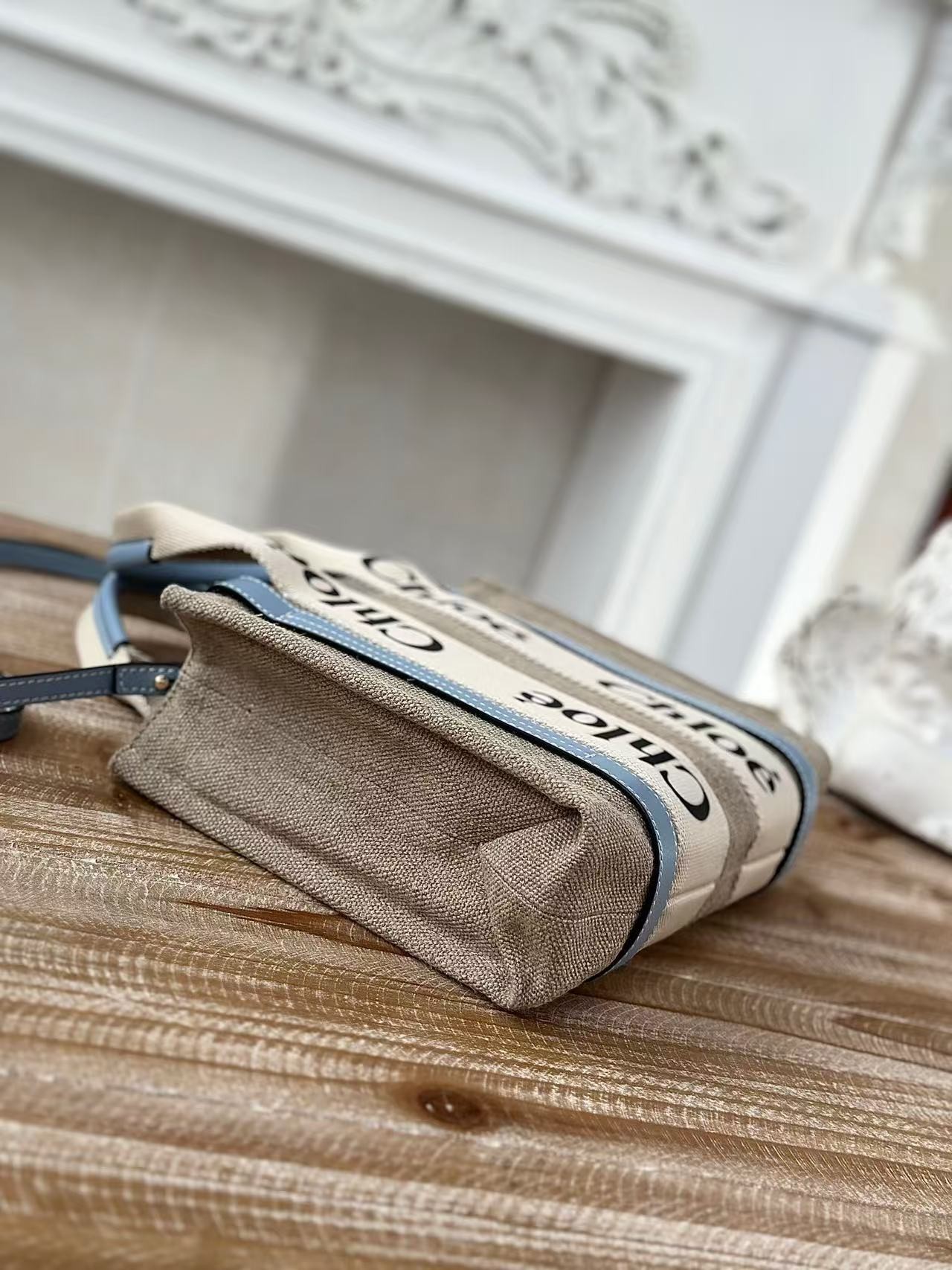 「#3668」Chloe Woody linen pure cotton canvas and glossy crust, blue casual bag Small: 26.5*20*8cm