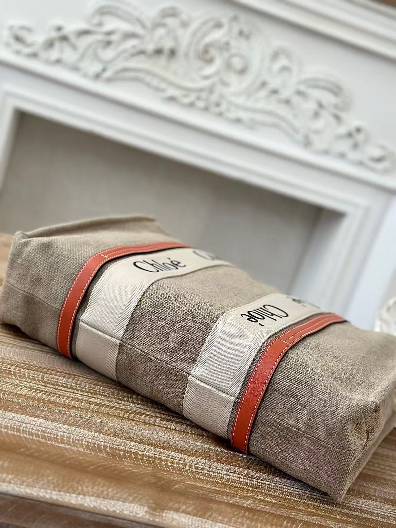 「#3666」Chloe Woody linen pure cotton canvas and glossy small dough, orange casual bag Large size: 45*33*13c