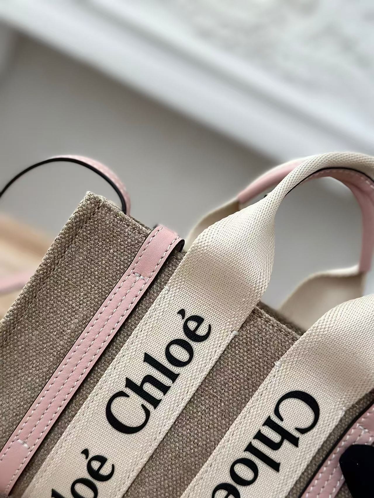 「#3659」Chloe Woody linen pure cotton canvas and glossy small dough, pink casual bag mini: 20*14*6cm
