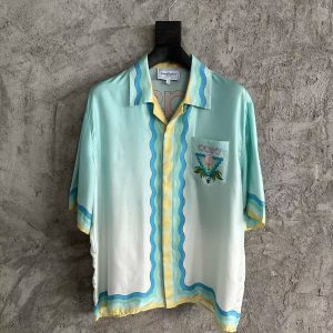「#3331」CASABLANCA Light blue silk T-shirt with ripple pattern