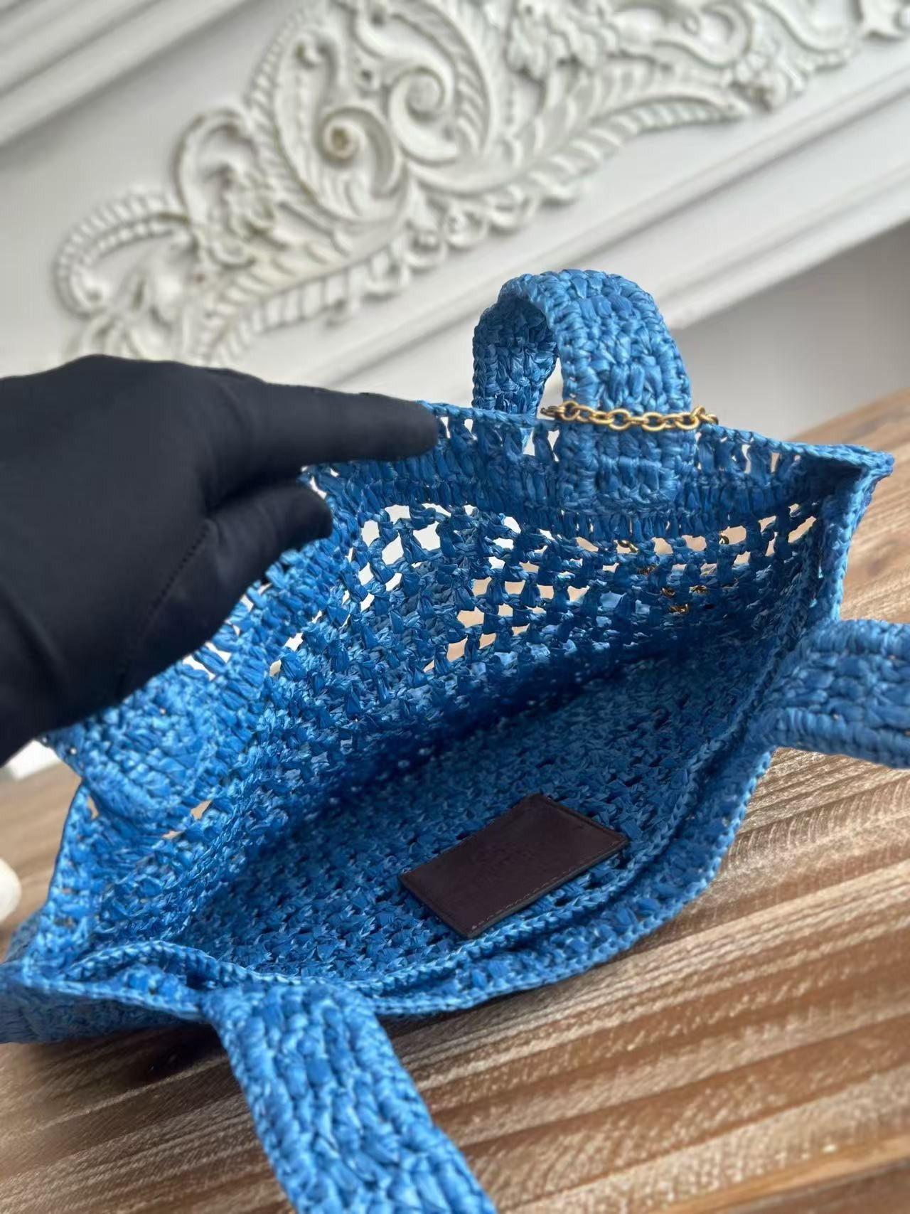 「#3657」chloe spring and summer new SUMMER BANANA dopamine color blue pure handmade straw woven bag Size: 33