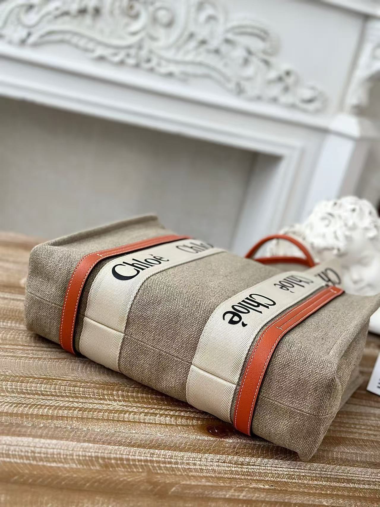 「#3665」Chloe Woody linen pure cotton canvas and glossy small dough, orange casual bag Medium size: 37*26*12