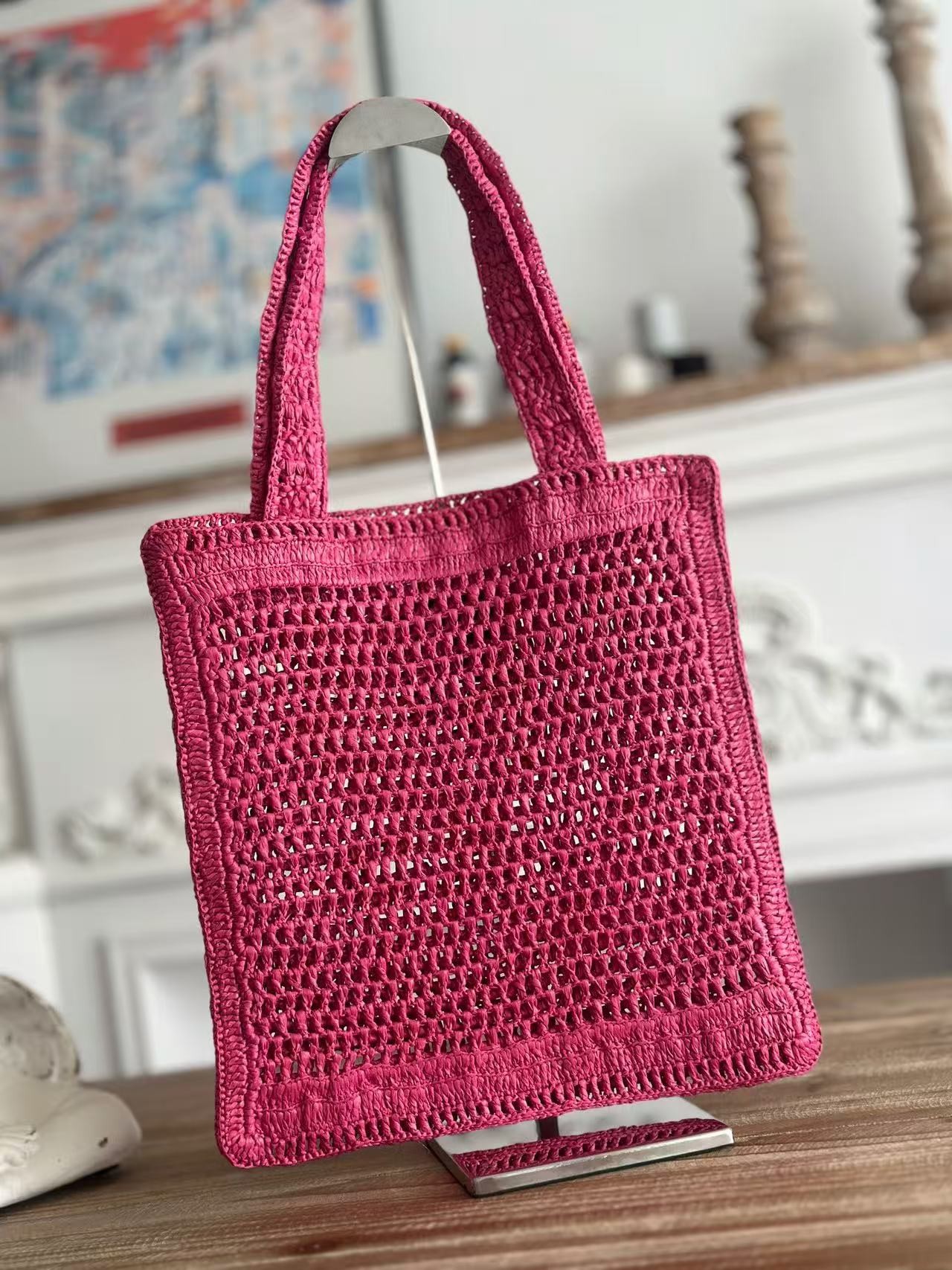 「#3653」chloe spring and summer new style SUMMER BANANA dopamine color rose red pure handmade straw woven ba