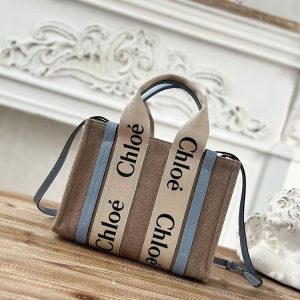 「#3668」Chloe Woody linen pure cotton canvas and glossy crust, blue casual bag Small: 26.5*20*8cm