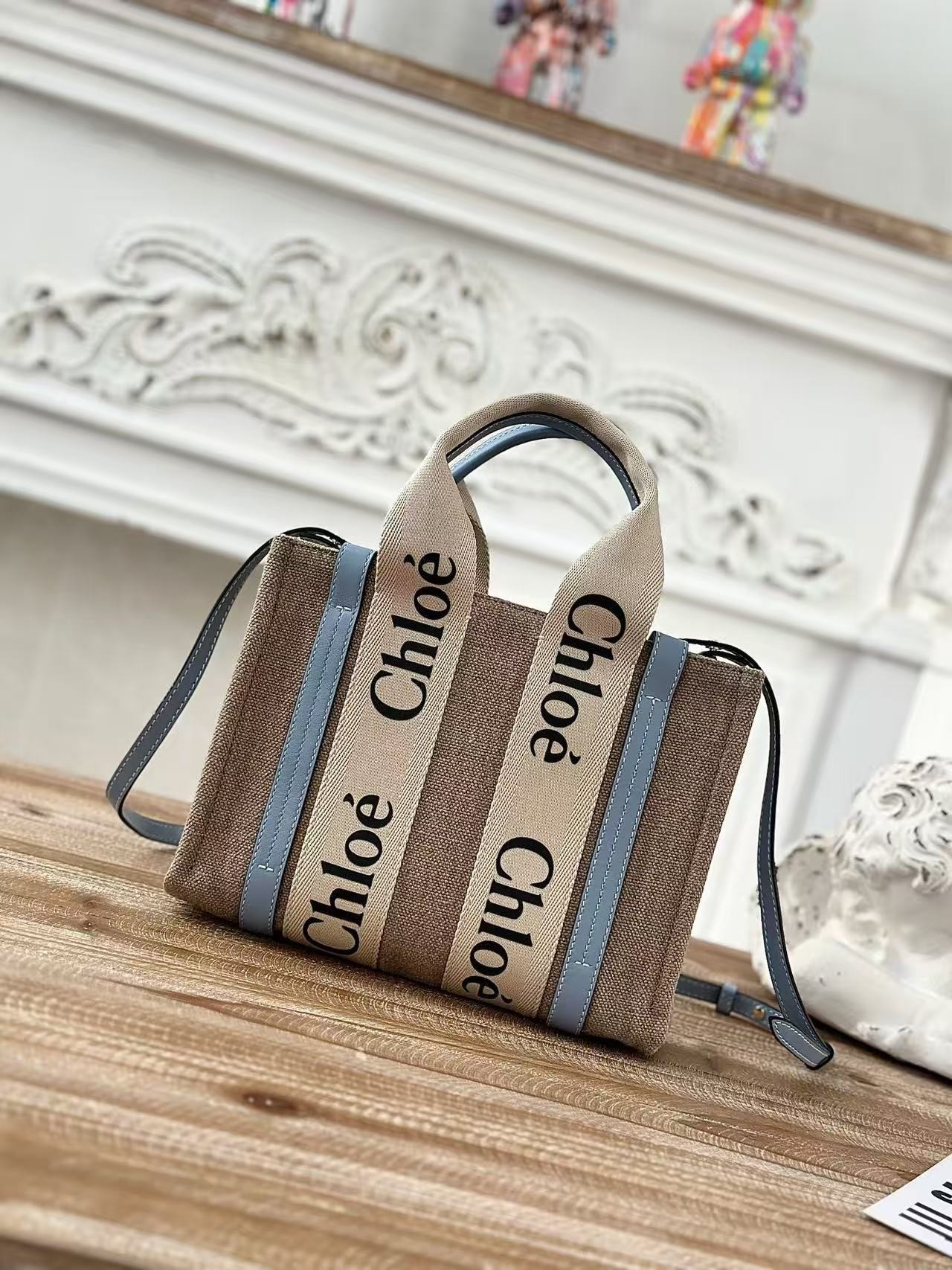 「#3668」Chloe Woody linen pure cotton canvas and glossy crust, blue casual bag Small: 26.5*20*8cm