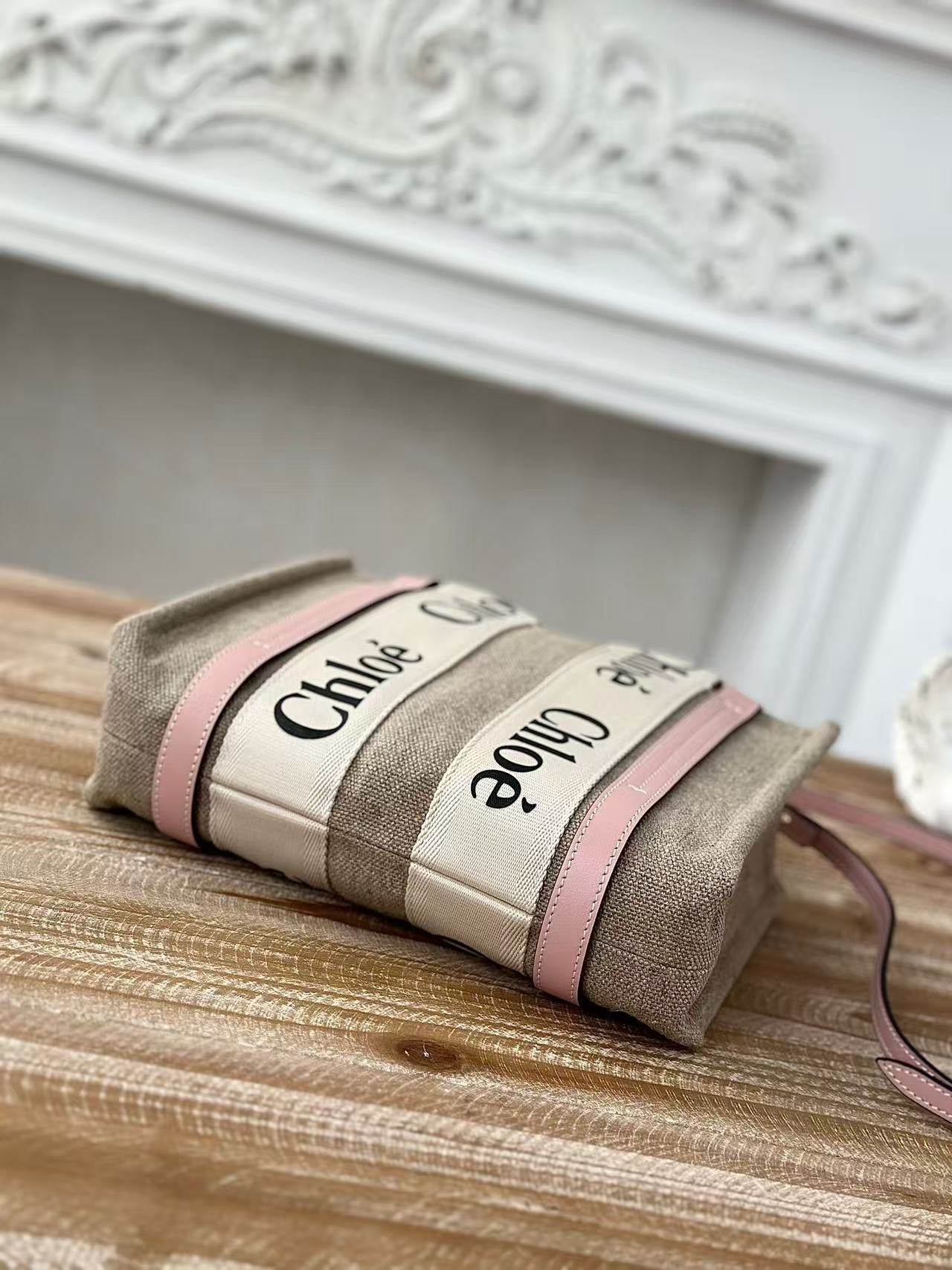 「#3660」Chloe Woody linen pure cotton canvas and glossy crust, pink casual bag Small: 26.5*20*8cm