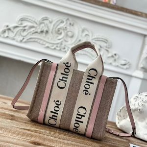 「#3660」Chloe Woody linen pure cotton canvas and glossy crust, pink casual bag Small: 26.5*20*8cm
