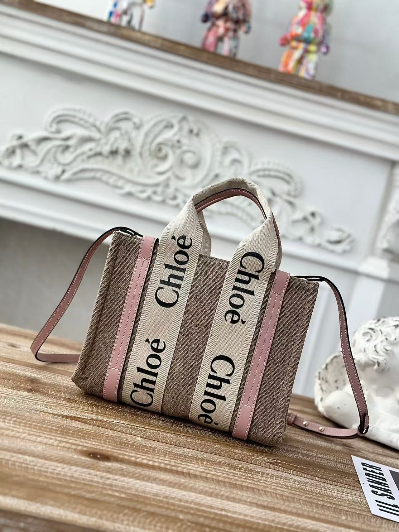 「#3660」Chloe Woody linen pure cotton canvas and glossy crust, pink casual bag Small: 26.5*20*8cm