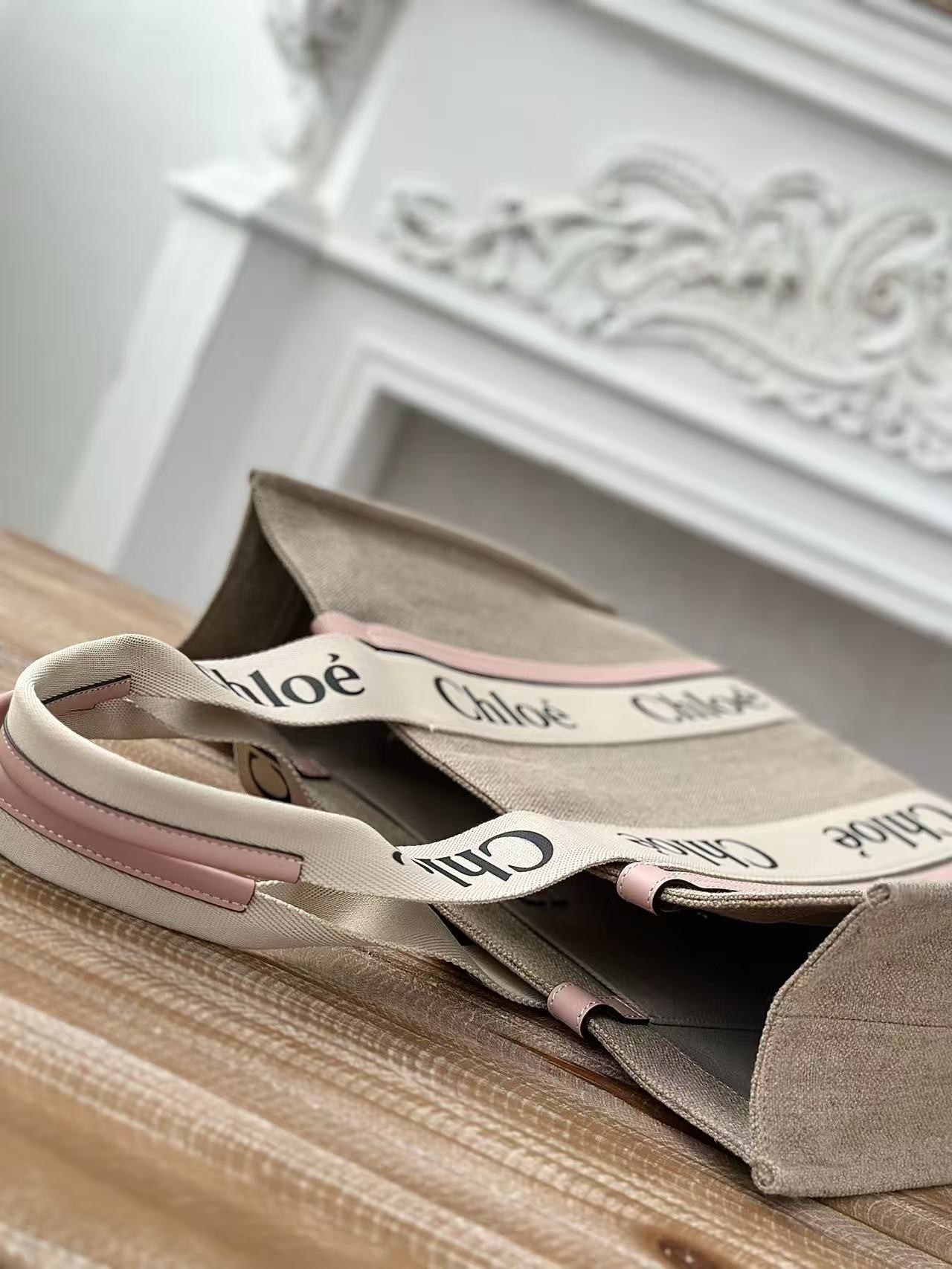 「#3662」Chloe Woody linen pure cotton canvas and glossy small dough, pink casual bag Large size: 45*33*13cm