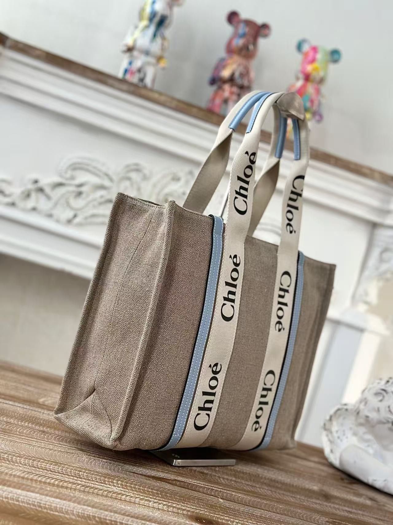「#3670」Chloe Woody linen pure cotton canvas and glossy small dough, blue casual bag Large size: 45*33*13cm