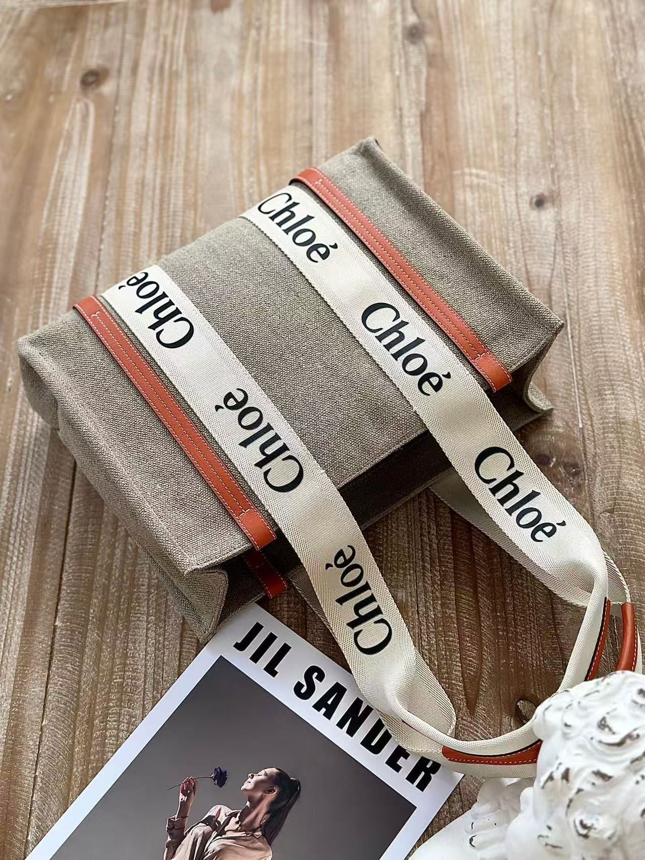 「#3664」Chloe Woody linen pure cotton canvas and glossy crust, orange casual bag Small: 26.5*20*8cm