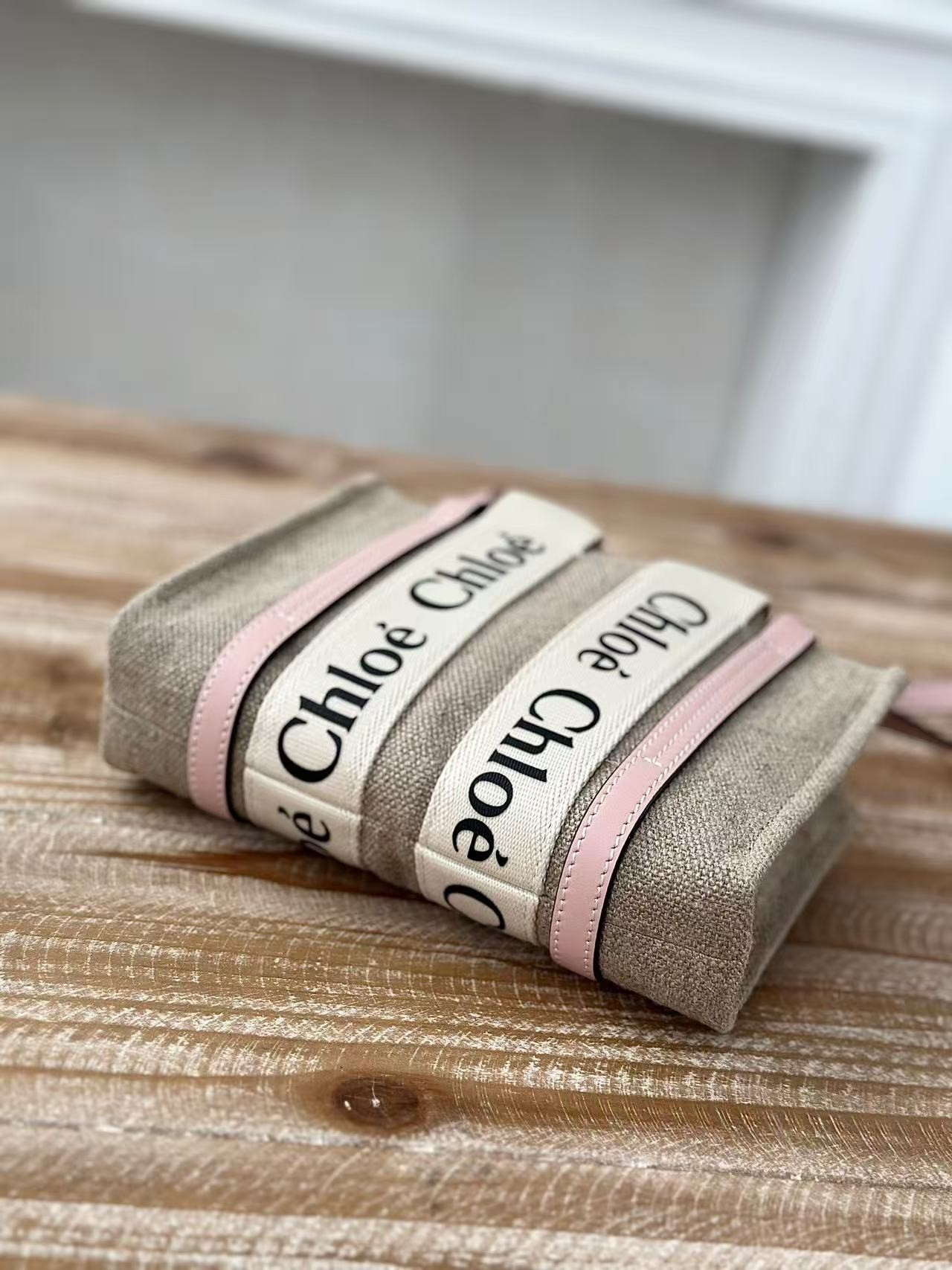 「#3659」Chloe Woody linen pure cotton canvas and glossy small dough, pink casual bag mini: 20*14*6cm